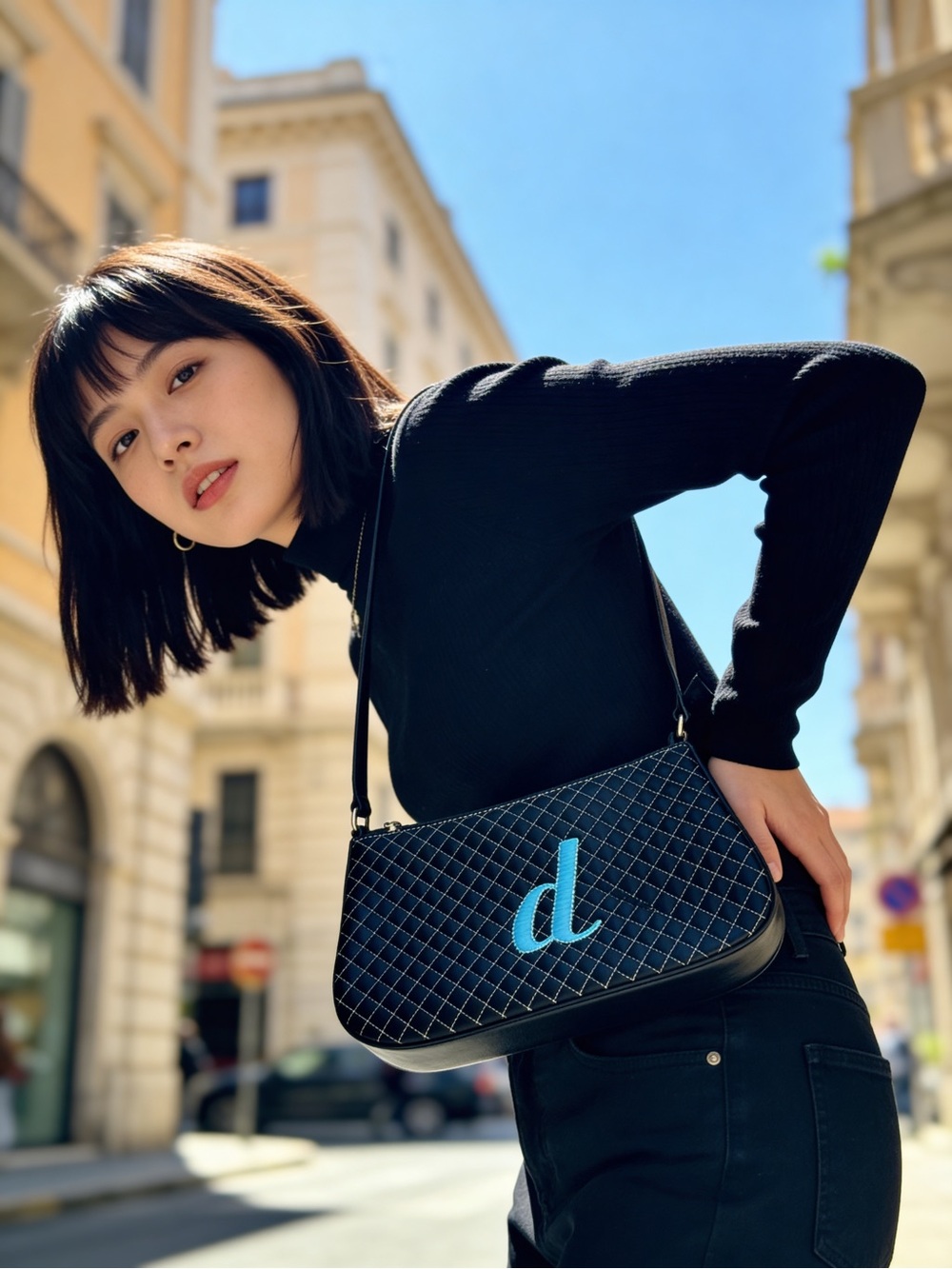 Shoulder purse black quilted faux leather embroidered letter lower case blue d